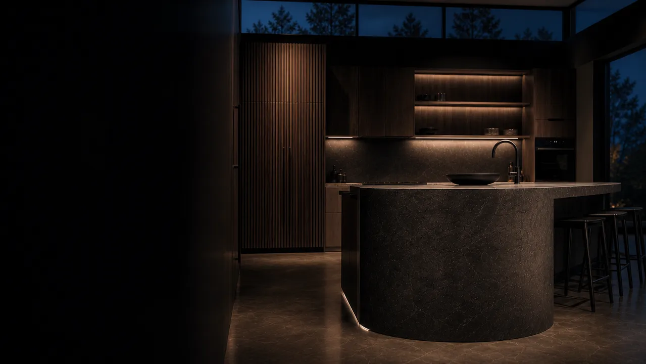 Warm custom cabinet kitchen at night