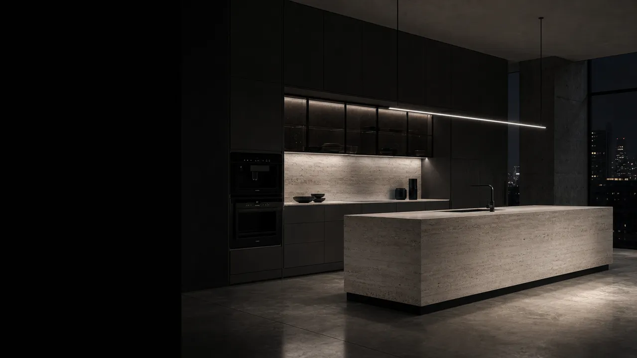 Finished custom kitchen with dark cabinetry